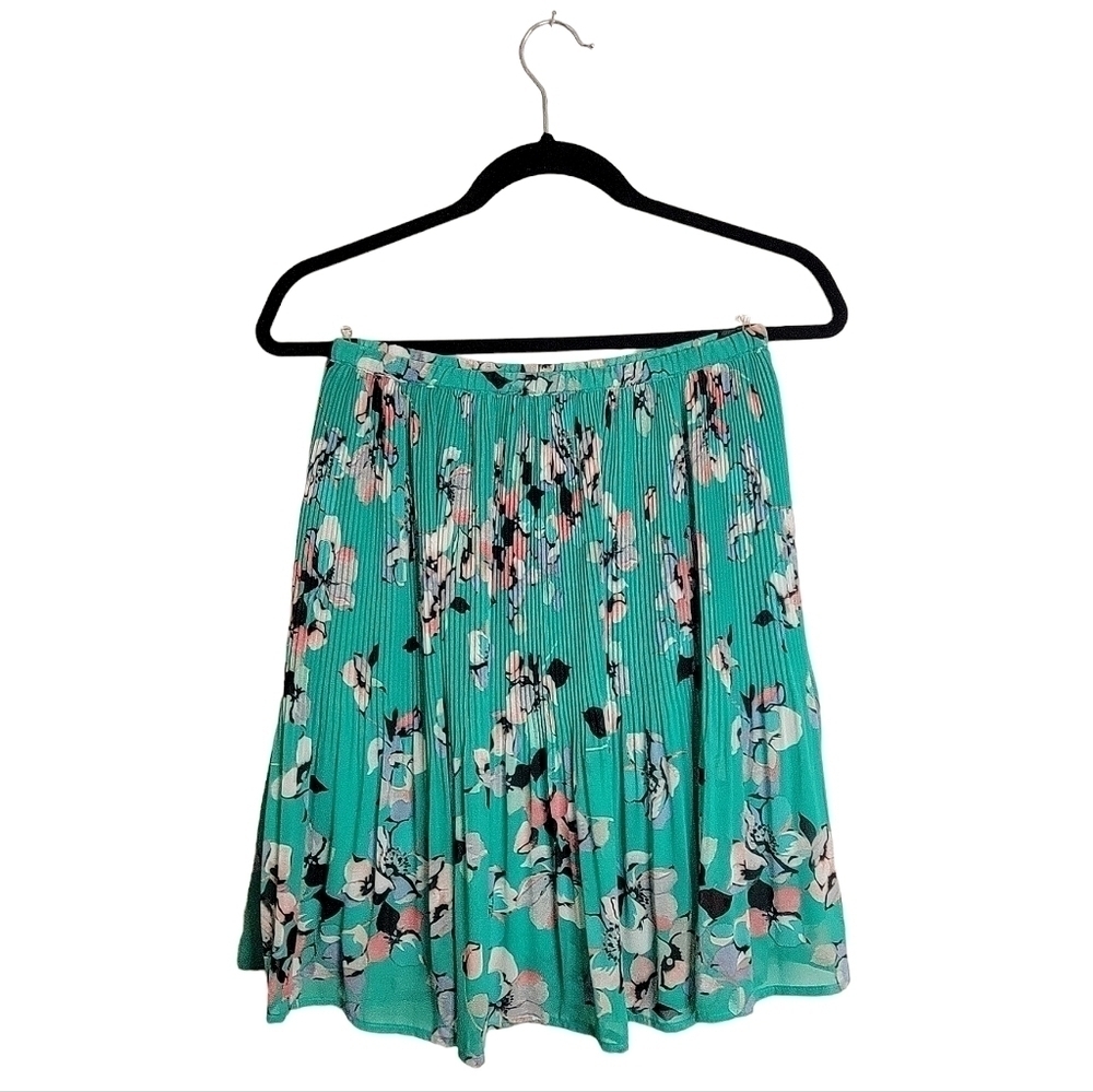 ELLE Coquette Floral Pleated Skirt Green Pink sz XS